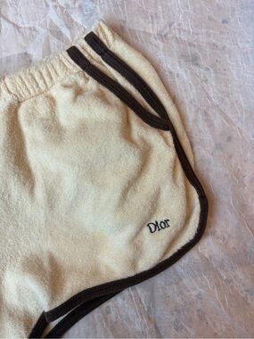 Vintage Dior Cream Terry Shorts with Brown Trim and Embroidered Logo